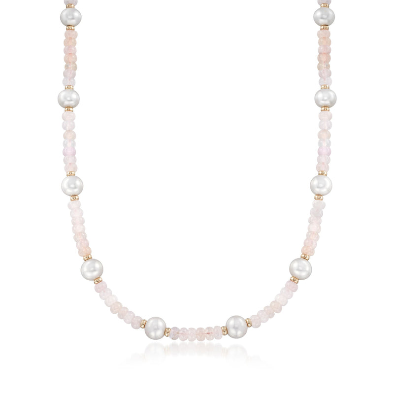 White cultured pearl and light pink morganite bead station necklace.