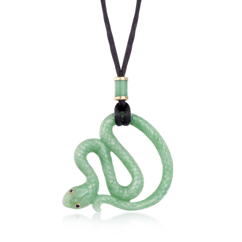 Jade snake pendant necklace with green jade loop pendant and black satin cord