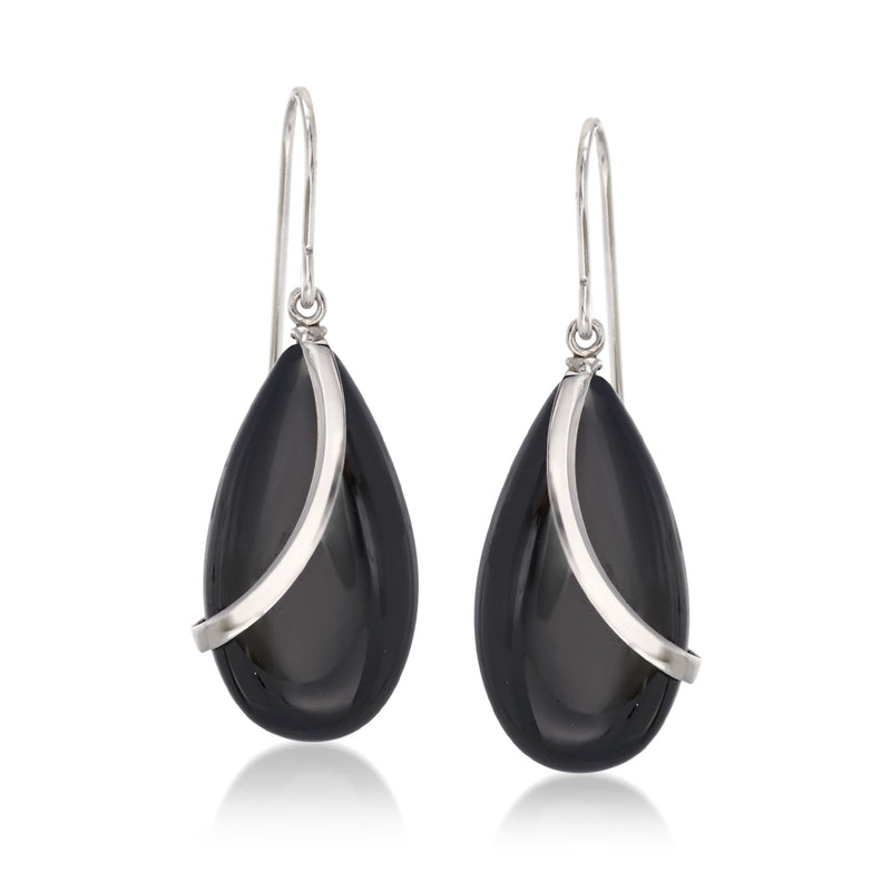 Sterling silver curve drop earrings with black onyx teardrop, earwire hooks