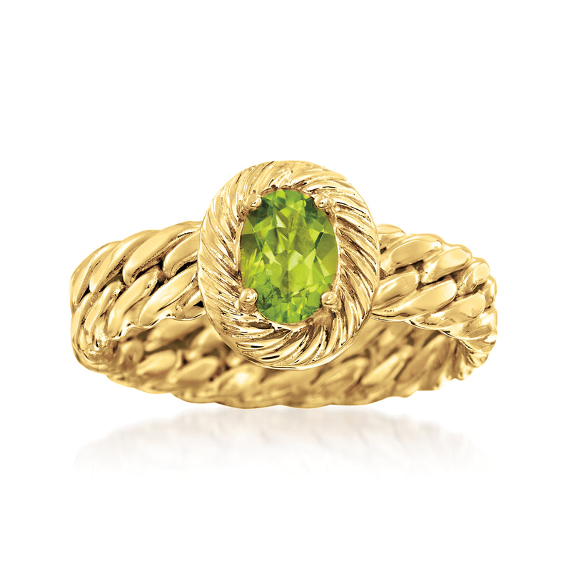 14kt yellow gold curb-link ring with oval peridot green gemstone and twisted setting