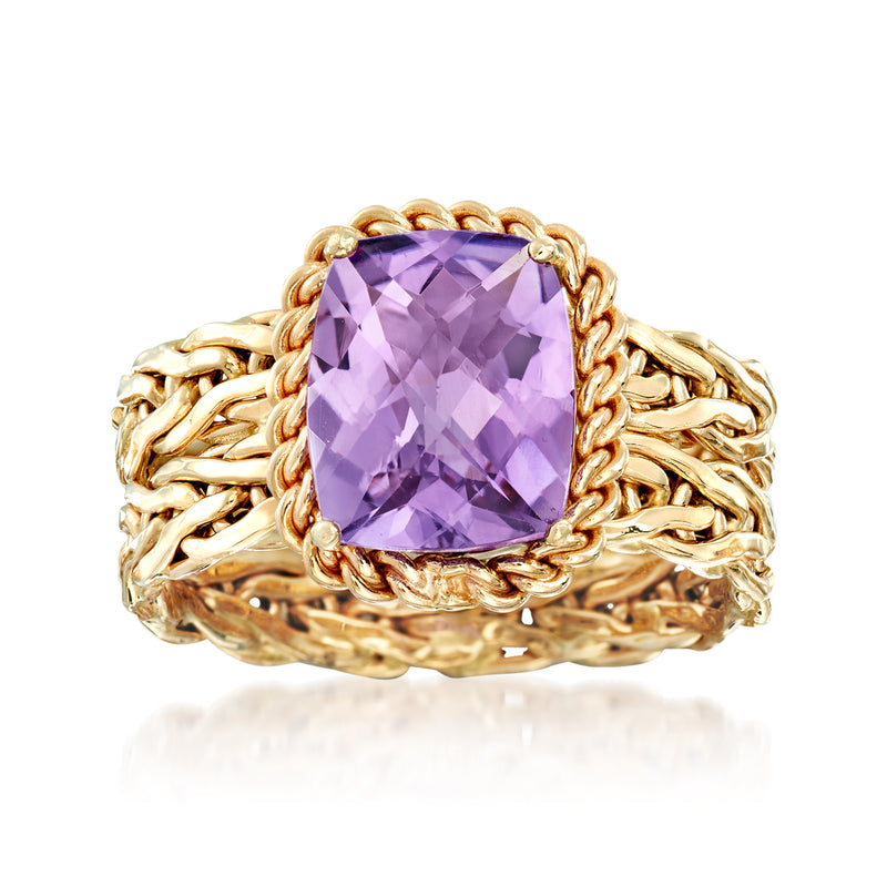 14kt yellow gold woven ring with square cushion purple amethyst gemstone