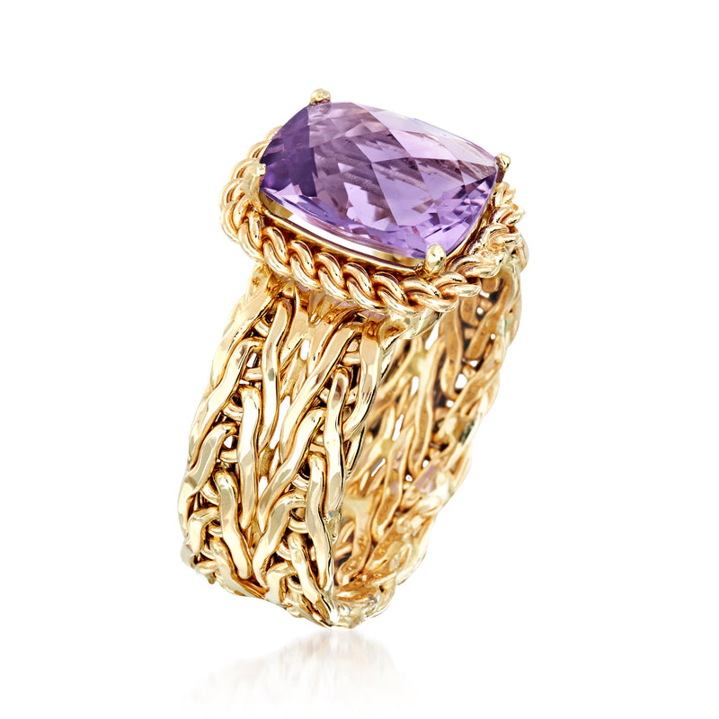 14kt yellow gold woven band ring with square cushion purple amethyst centerpiece