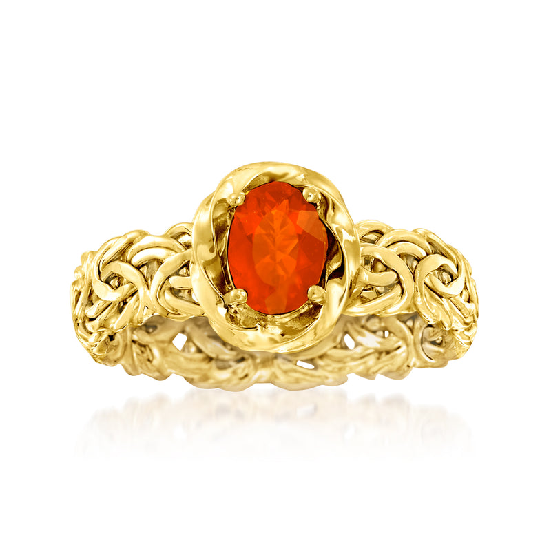14kt yellow gold Byzantine ring with oval orange-red fire opal-style gemstone