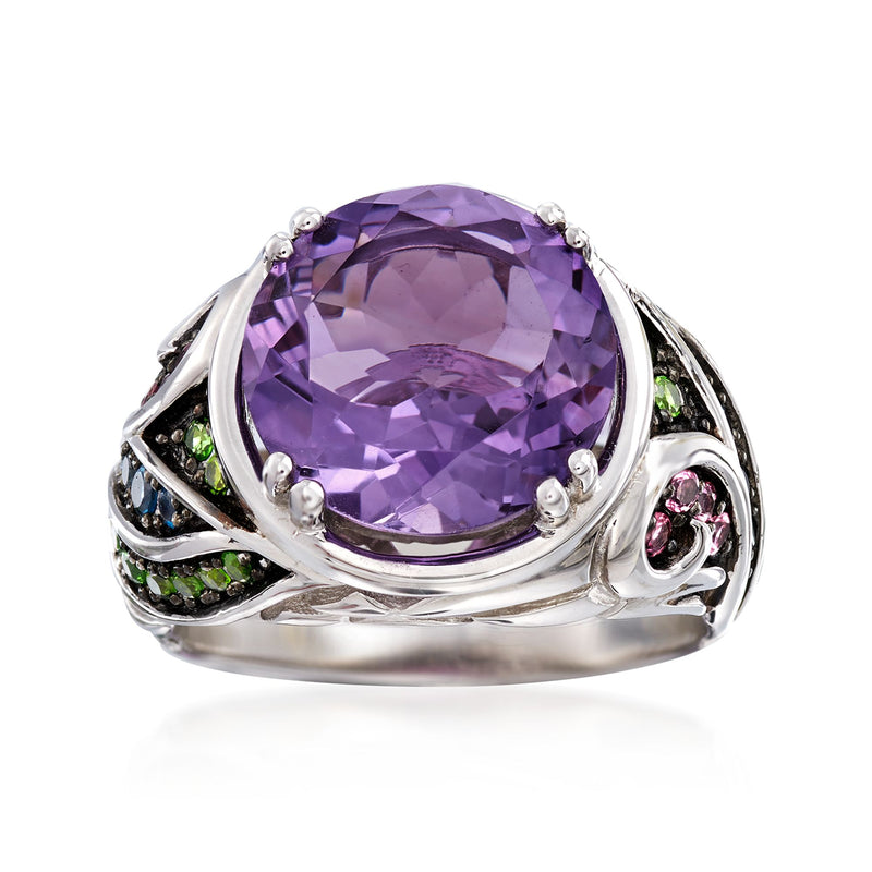 Sterling silver oval amethyst ring with multi-gemstone side accents in green and dark tones