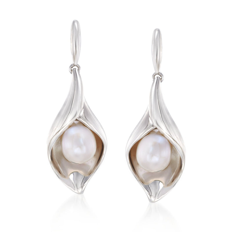 Sterling silver drop earrings with cultured pearl teardrops in leaf settings