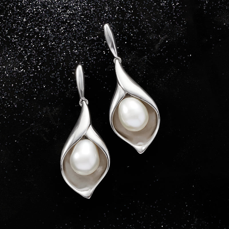 Cultured pearl drop earrings in sterling silver sculpted leaf frames