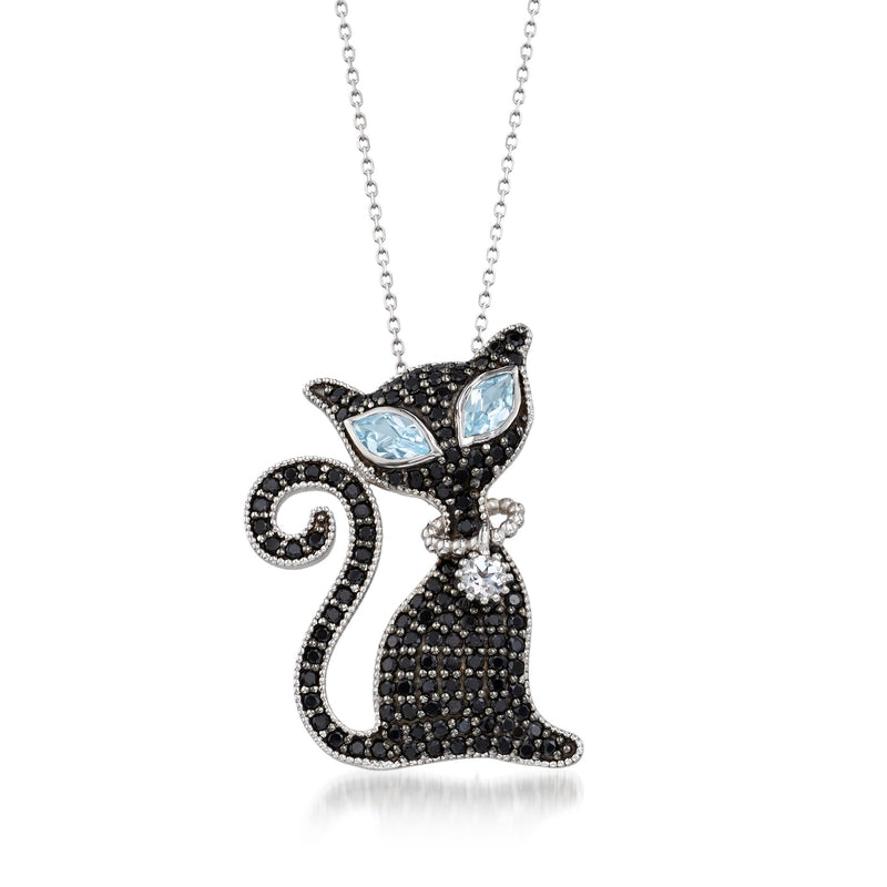 Sterling silver cat pin/pendant necklace with black spinel, blue and white topaz stones