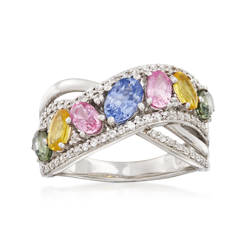 Sterling silver multicolored sapphire and white zircon sash ring, oval gemstone cluster