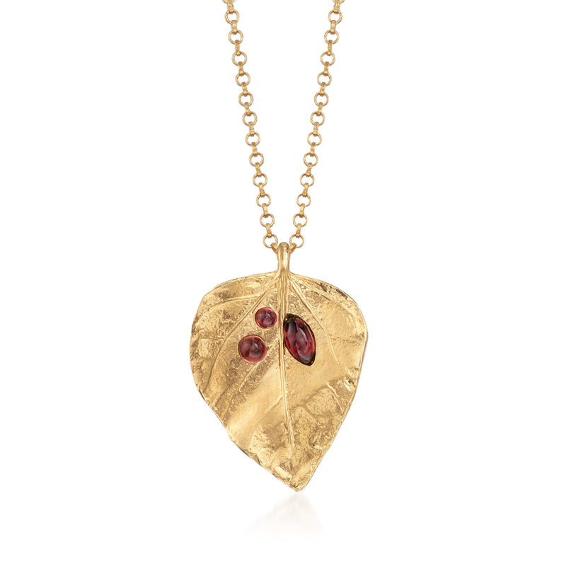 Gold leaf drop necklace with red garnet marquise and round stones