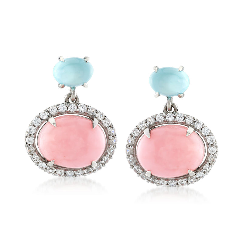 Sterling silver drop earrings with pink oval opal center, white zircon halo, aqua cabochon tops