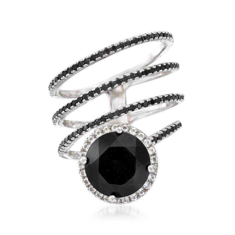 Sterling silver ring with black onyx center, white topaz halo, black spinel band