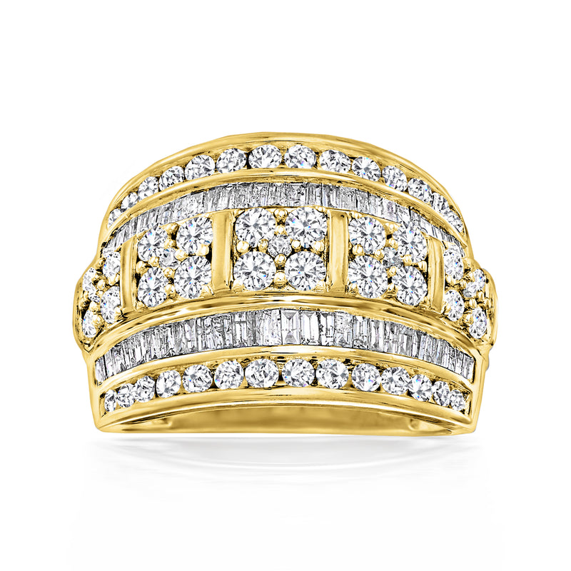 Gold multi-row diamond ring with baguette and round stones and scalloped edges