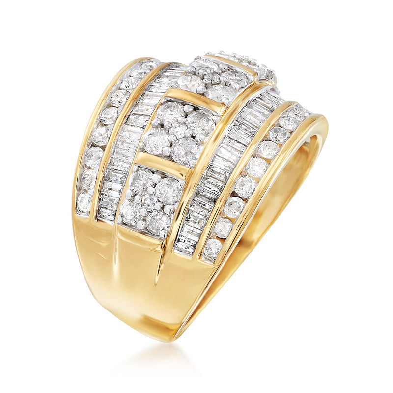 Gold diamond ring side view with alternating rows of baguette and round stones