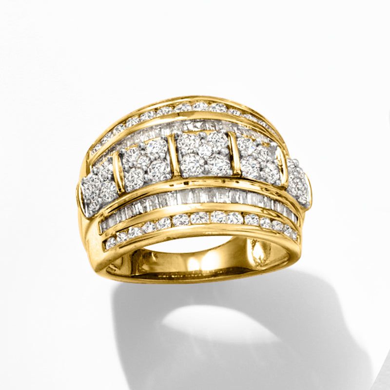 Gold multi-row diamond band with raised rows of baguette and round stones