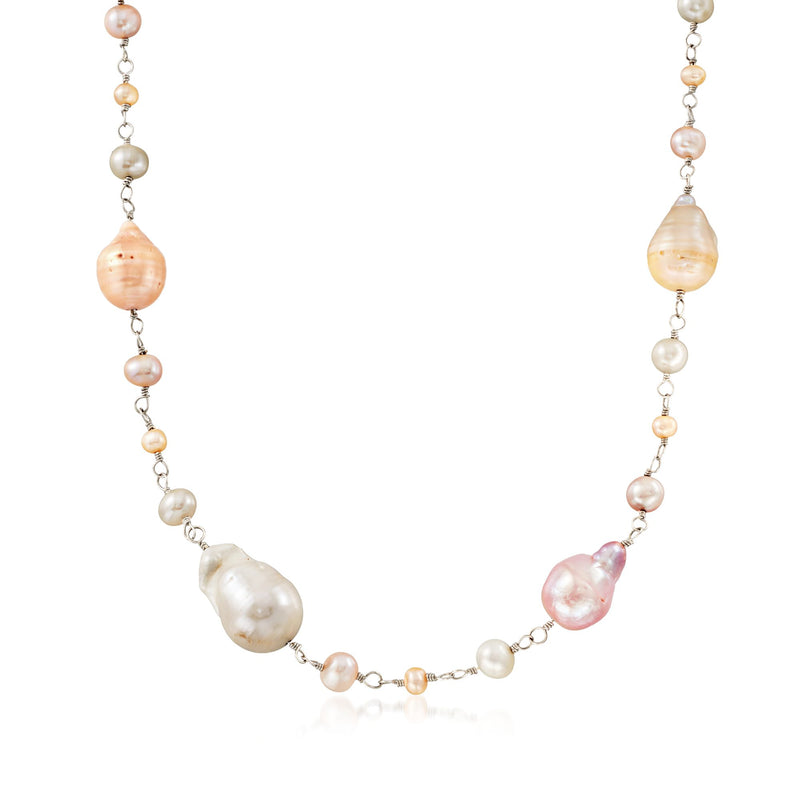 Multicolored baroque pearl necklace with sterling silver chain, peach/pink/white pearls