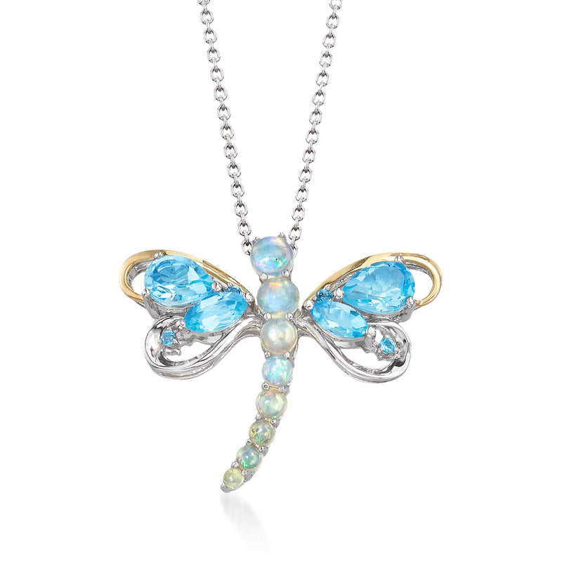 Two-tone sterling silver dragonfly necklace pendant with blue topaz and opal accents