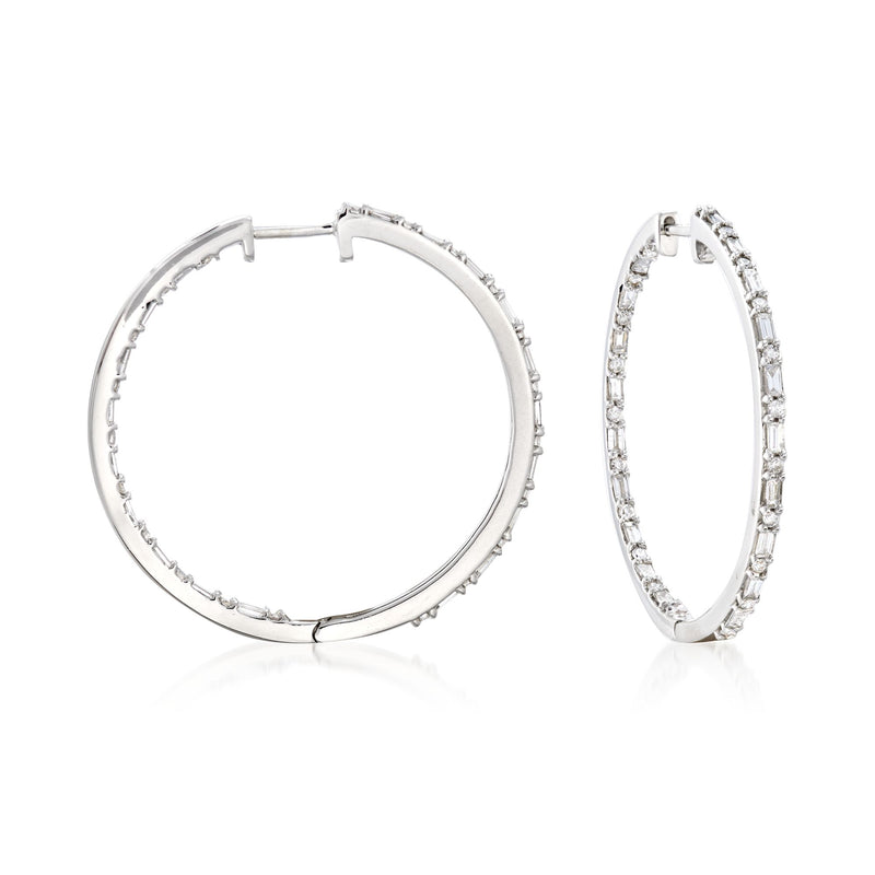 Sterling silver inside-outside hoop earrings with baguette and round diamonds