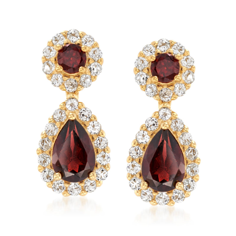 Gold over sterling drop earrings with red garnet teardrop and white topaz halo