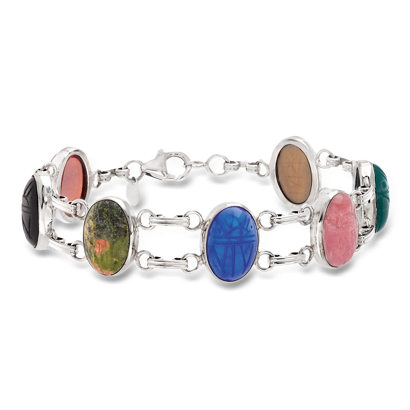 Sterling silver bracelet with oval multi-gem cabochons and scarab motif links