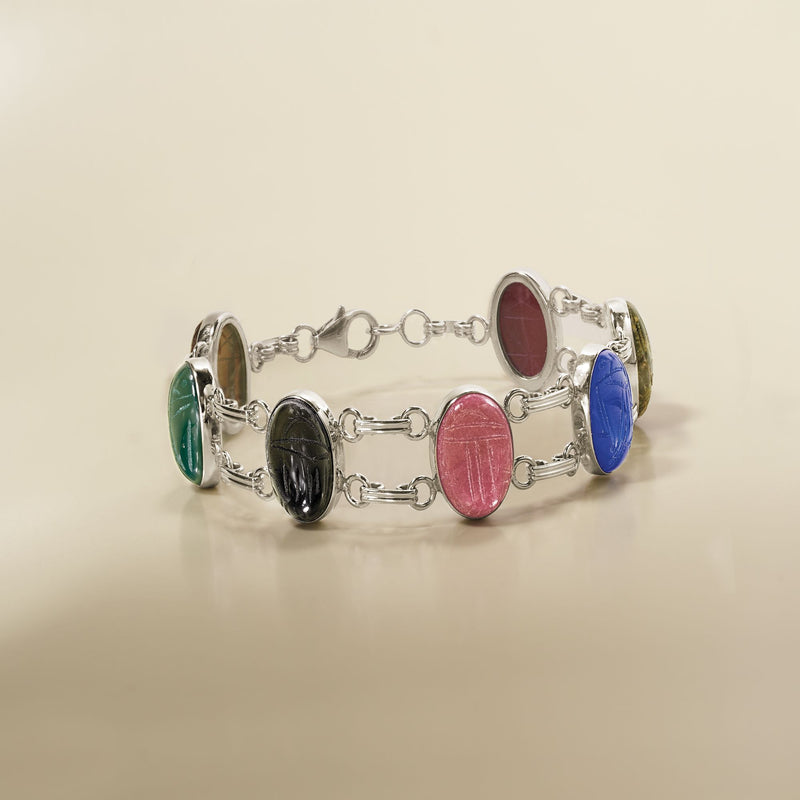 Sterling silver multi-gemstone bracelet with oval cabochons and chain links