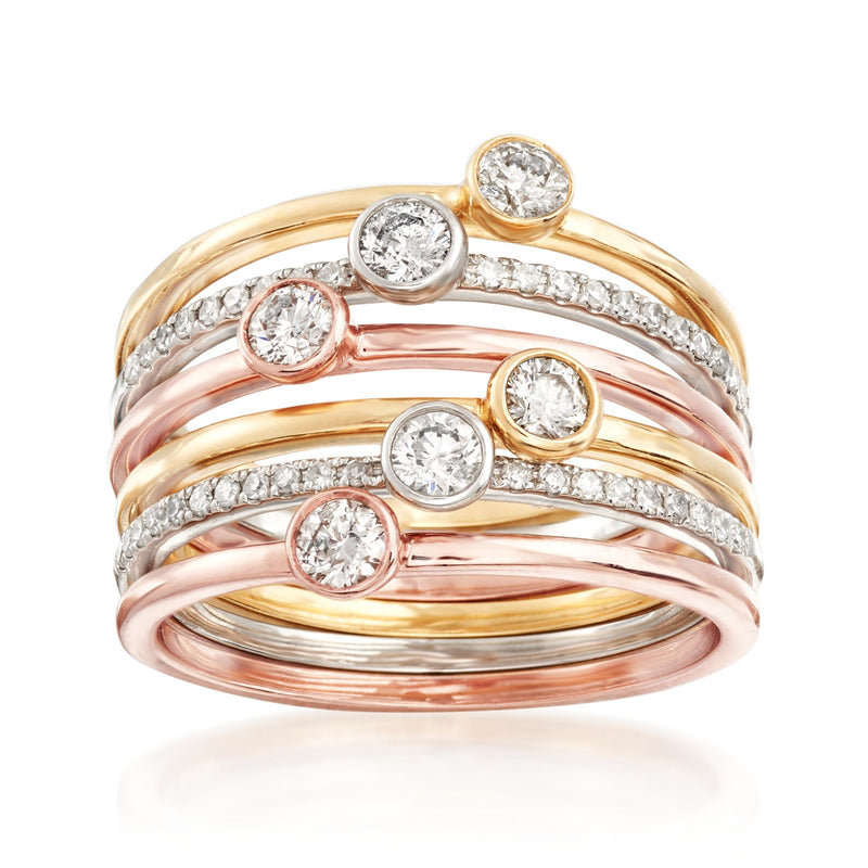 Six-ring diamond jewelry set with round-cut stones in tri-colored gold bands
