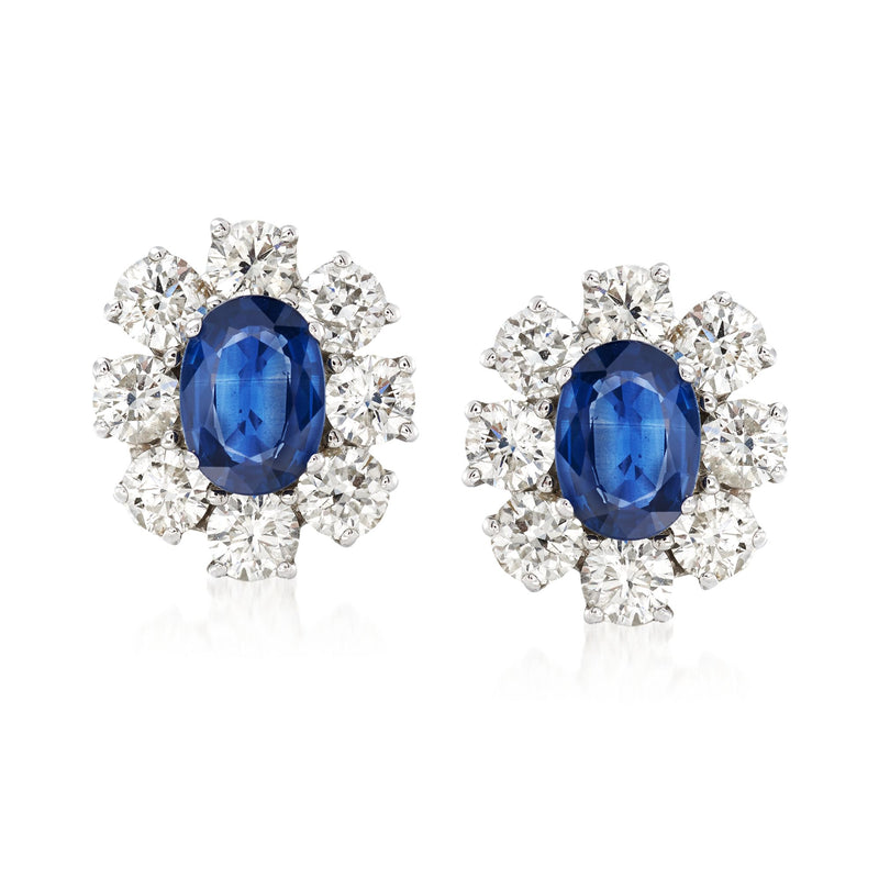 Blue sapphire oval center floral diamond stud earrings in 14kt white gold