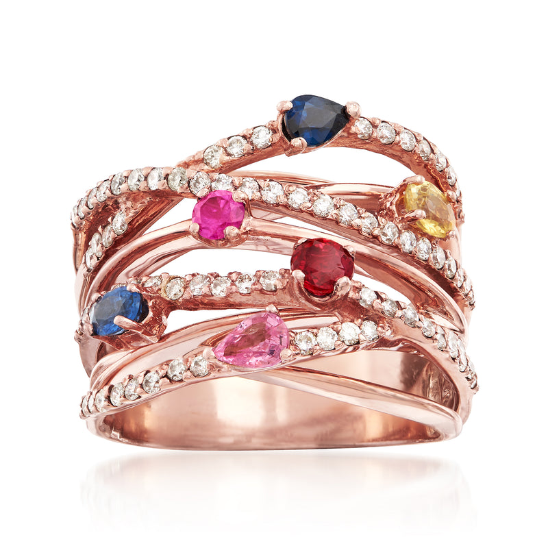 Rose gold ring with crisscross diamond bands and multi-colored gemstones