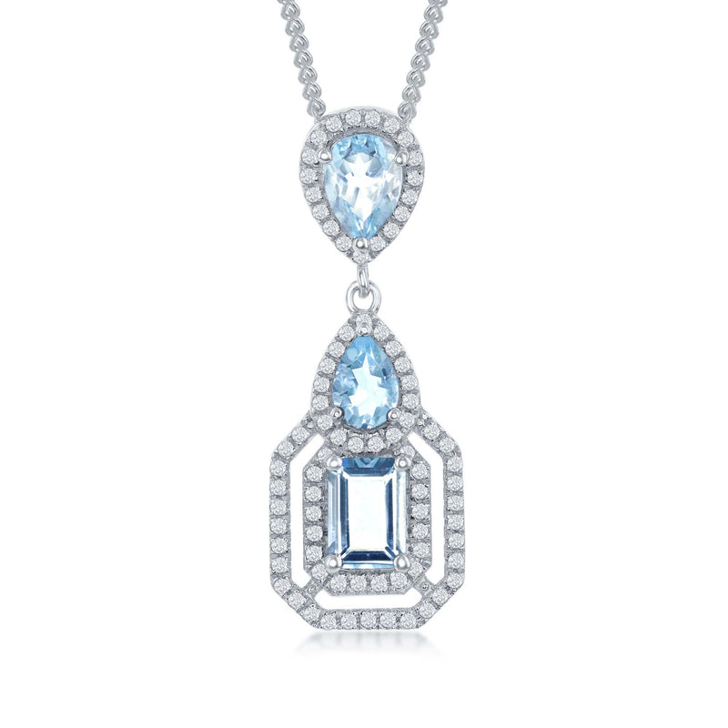 Sterling silver topaz pendant necklace with sky-blue teardrop and white accents