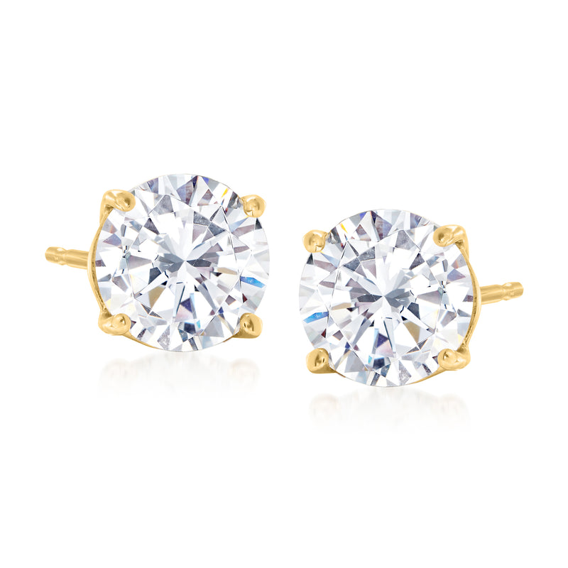Two round CZ stud earrings in 14kt yellow gold, front-facing view