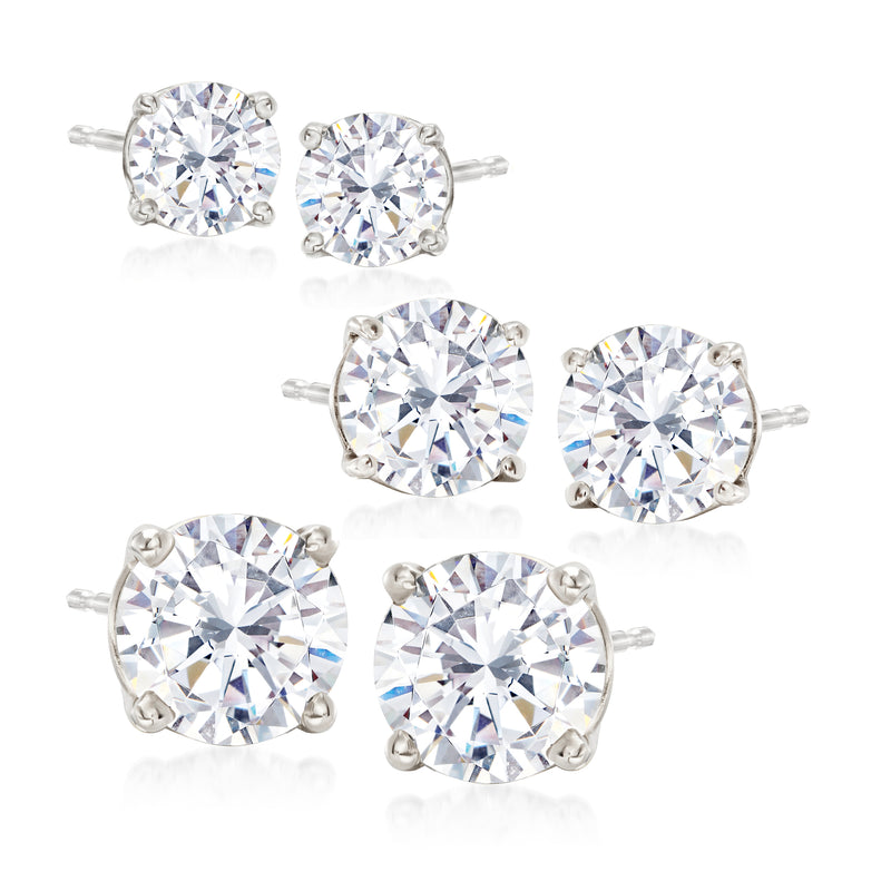 14kt white gold CZ stud earring set with round stones, multiple pairs