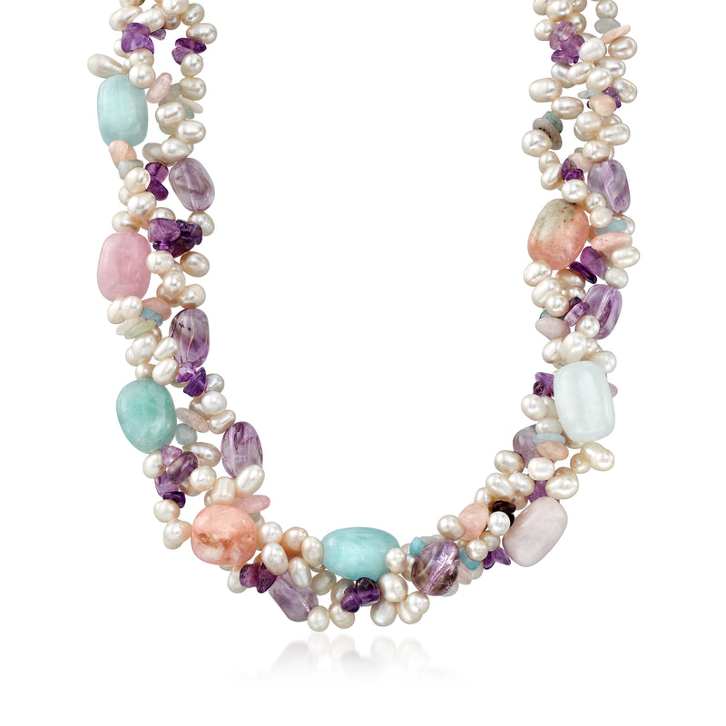 Cultured pearl and multi-stone torsade necklace with sterling silver chain, mixed pastel stones
