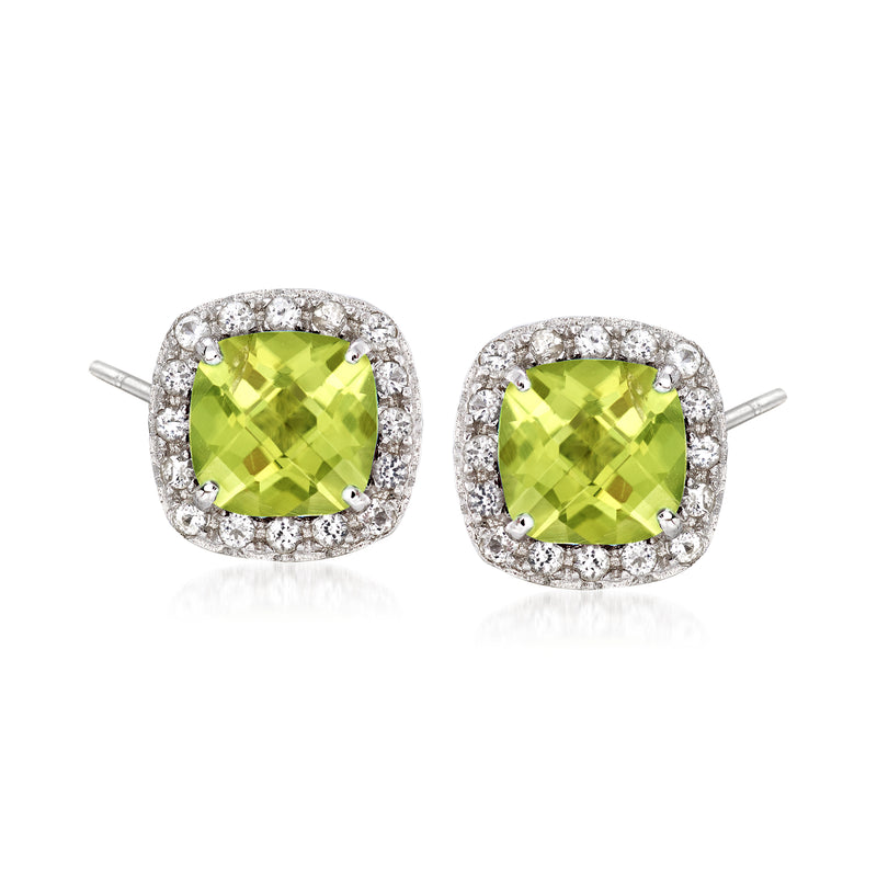 Sterling silver cushion halo stud earrings with lime peridot center and white topaz stones