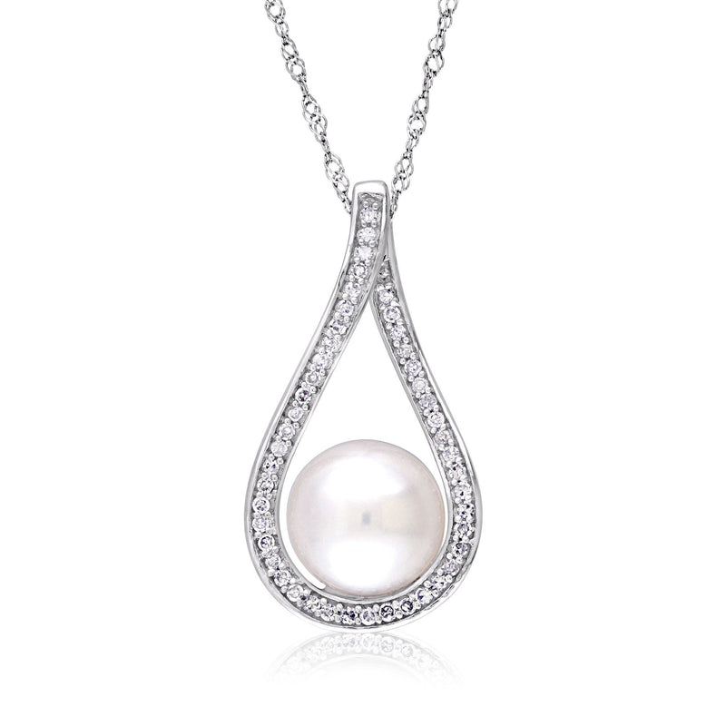 Teardrop pendant necklace with white cultured pearl and diamond accents in white gold
