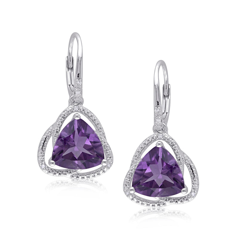 Sterling silver amethyst triangle drop earrings with diamond halo detailing