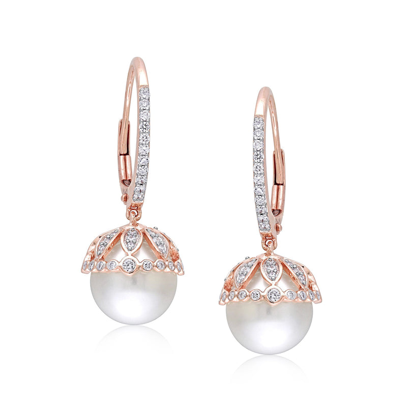 Cultured pearl and diamond drop earrings in 14kt rose gold with leverback hooks