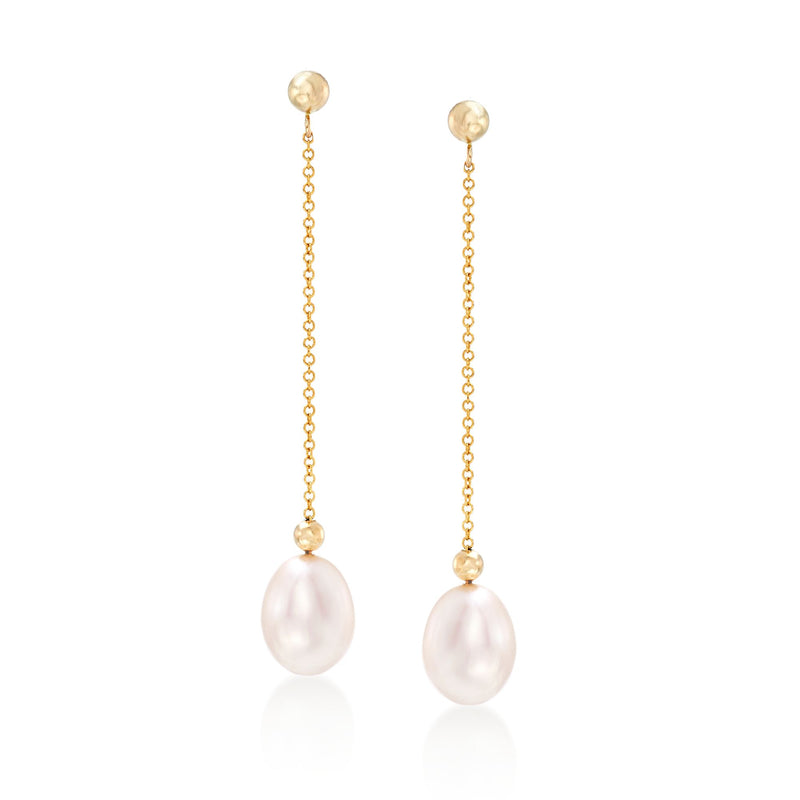 14kt yellow gold drop earrings with bead chain and oval cultured pearl dangles