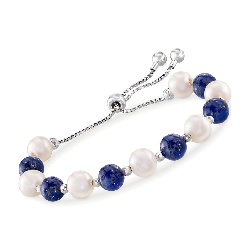 Sterling silver bolo bracelet with lapis blue beads and white cultured pearls