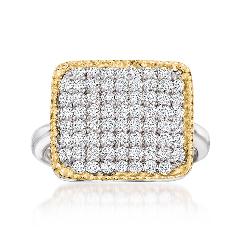 Square-top CZ ring with pavé stones, sterling silver band, and gold border