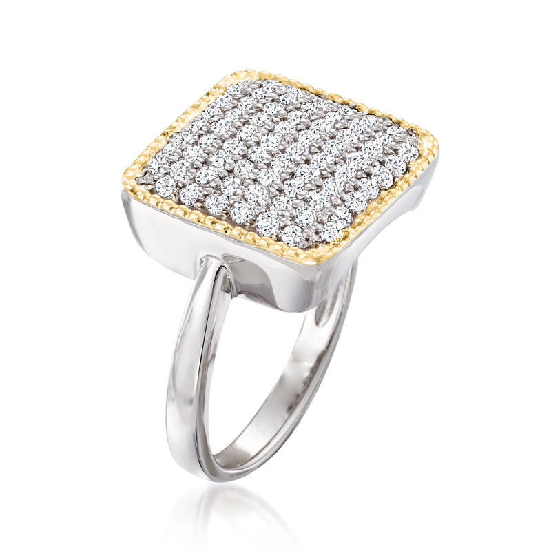 Sterling silver ring with square pavé CZ top and 14kt gold trim