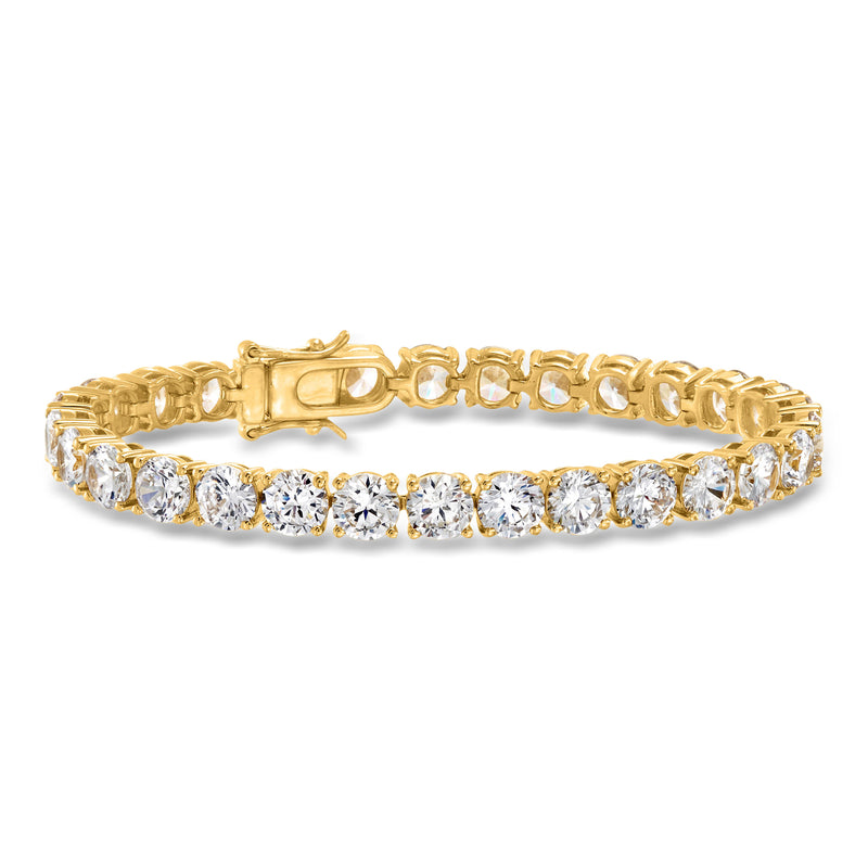 Gold tennis bracelet with round CZ stones in a line, hinged with clasp