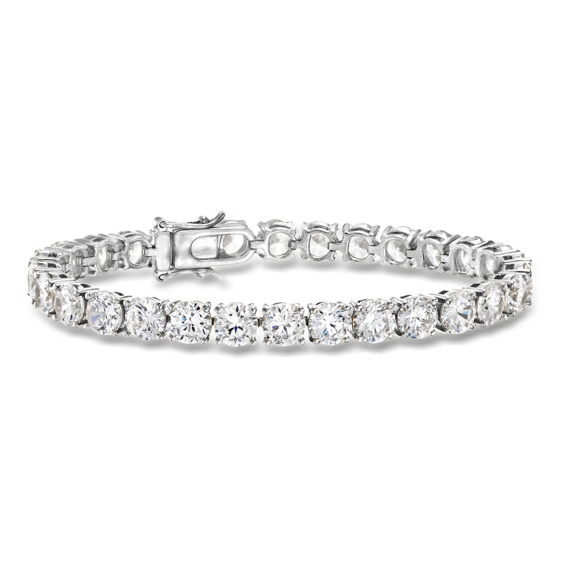 Sterling silver tennis bracelet with round CZ stones and box clasp, silver links.