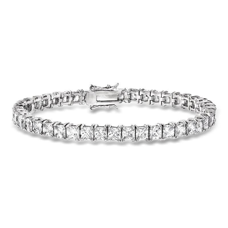 Sterling silver CZ tennis bracelet with princess-cut square stones, hinged clasp detail