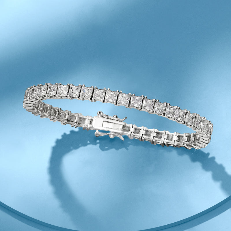 Sterling silver CZ tennis bracelet, side view with row of princess-cut stones and center clasp