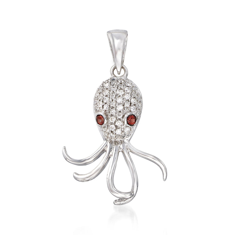Diamond octopus pendant with garnet accents in 14kt white gold