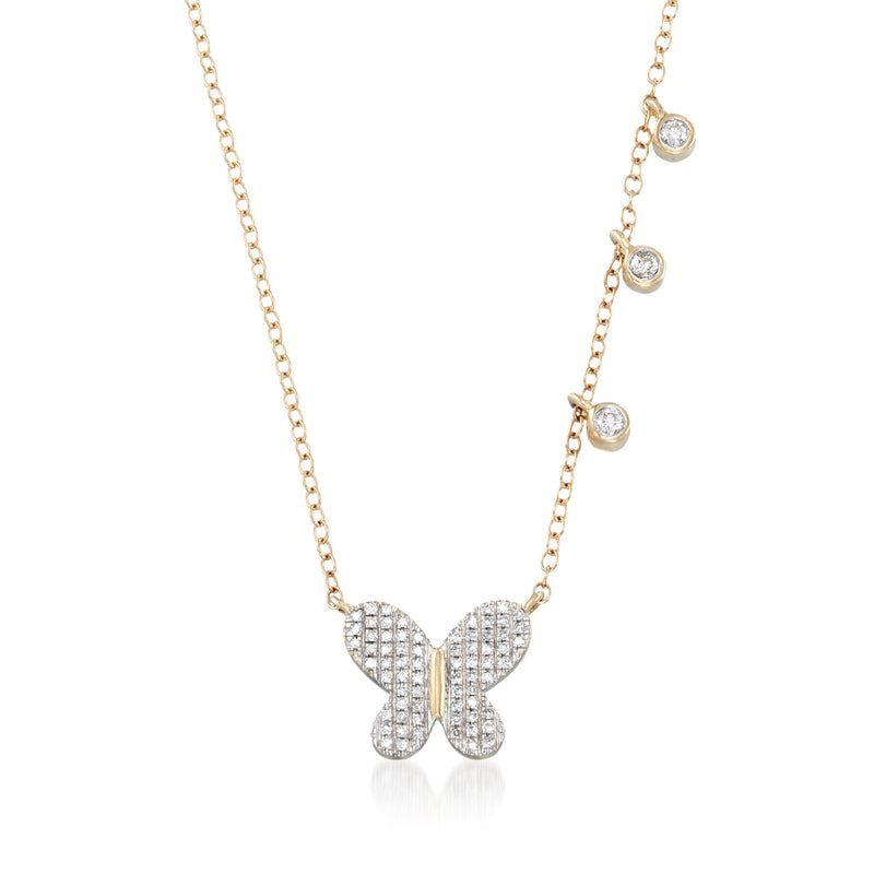 Diamond butterfly necklace in 14kt yellow gold with bezel-set diamond stations
