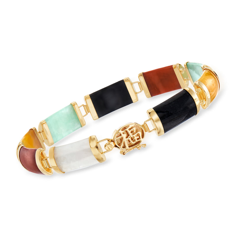14kt yellow gold bracelet with multicolored jade in black, green, red, and white sections