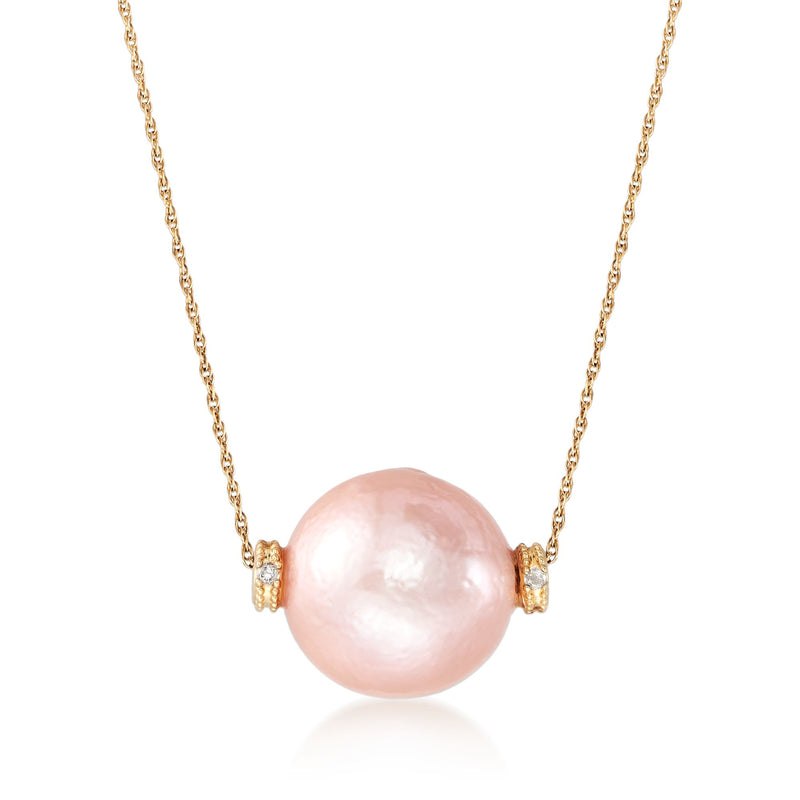 Pink cultured pearl pendant necklace with diamond accents, 14kt yellow gold chain
