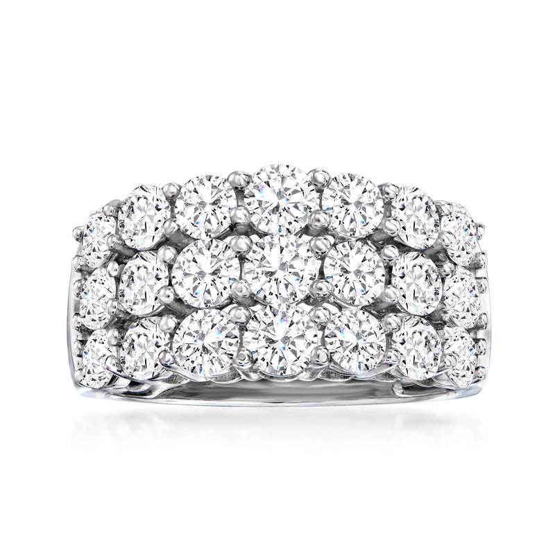 Three-row diamond ring with round stones in 14kt white gold band