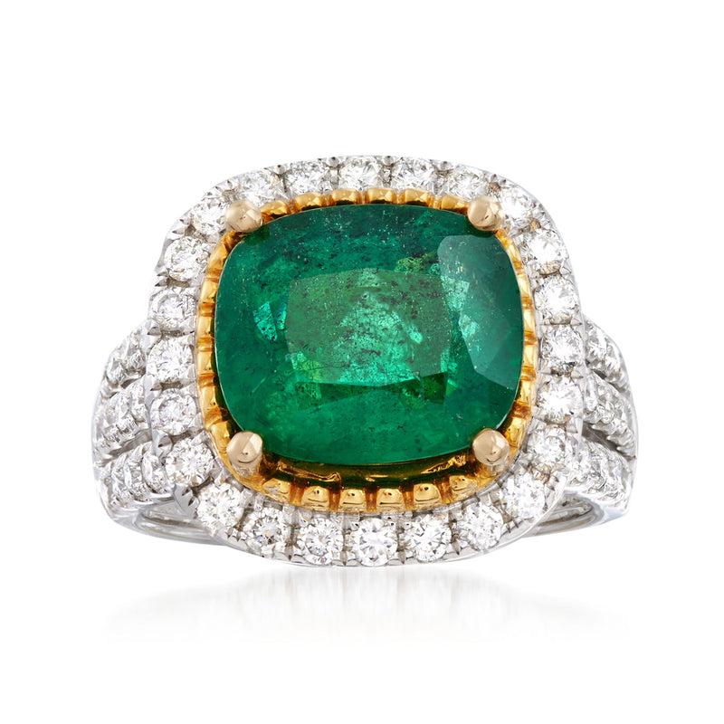 Emerald-cut green gemstone ring with diamond halo, 18kt two-tone gold setting