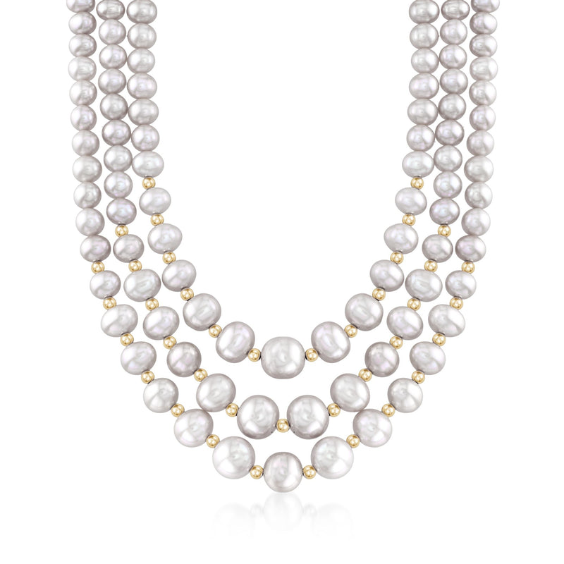 Three-strand gray cultured pearl necklace with 14kt yellow gold spacers
